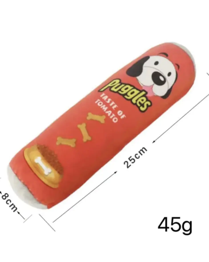 Dog treat packaging with 'Puggles' branding and dimensions on a white background