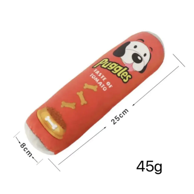 Dog treat packaging with 'Puggles' branding and dimensions on a white background