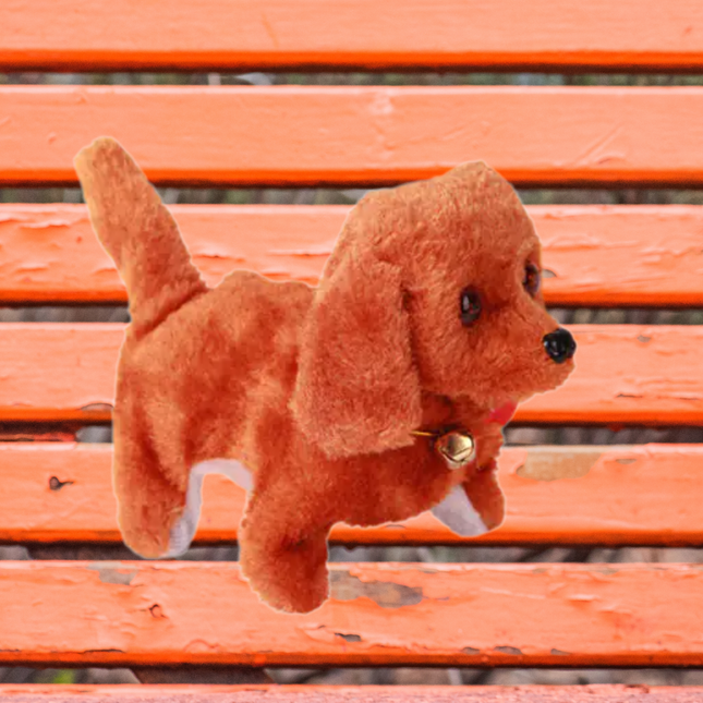 Plush dog toy on an orange bench