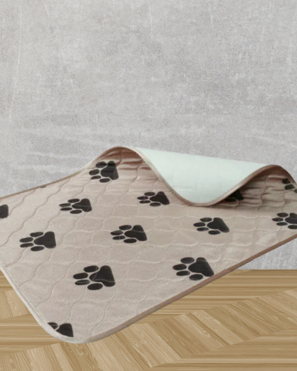 Pet mat with paw prints on a wooden surface