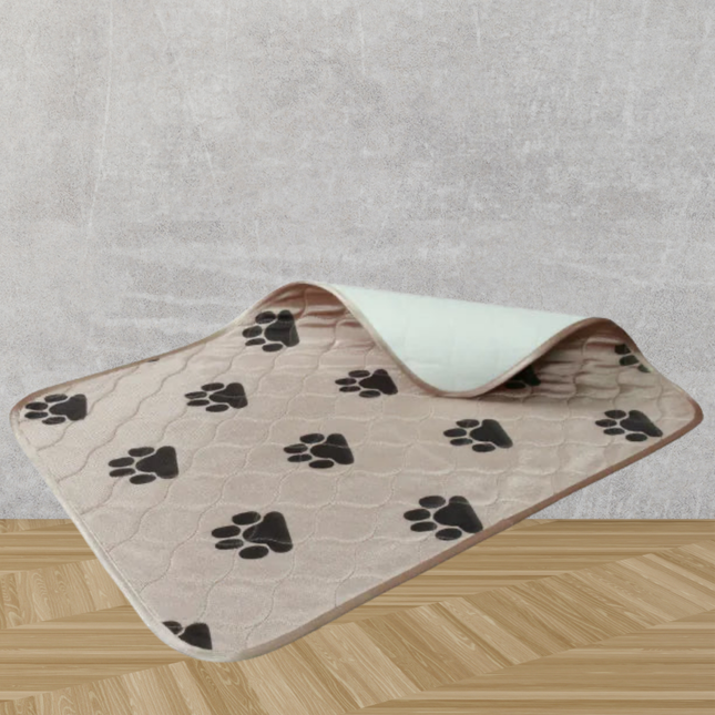 Pet mat with paw prints on a wooden surface