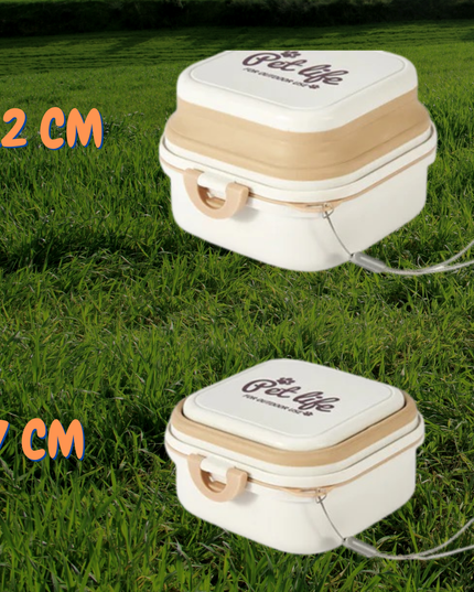 Two small rectangular containers with 'Cat Life' branding on grass, showing measurements.