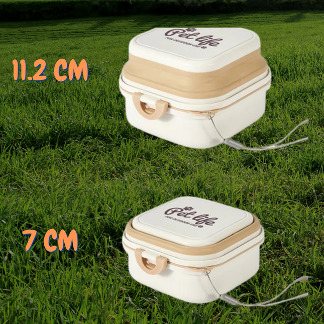 Two small rectangular containers with 'Cat Life' branding on grass, showing measurements.