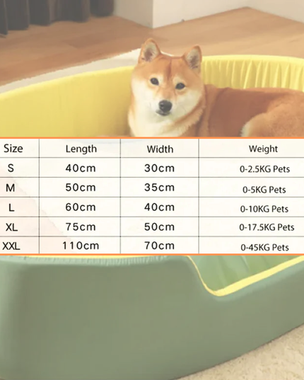 Dog lying in a green pet bed with size chart overlay