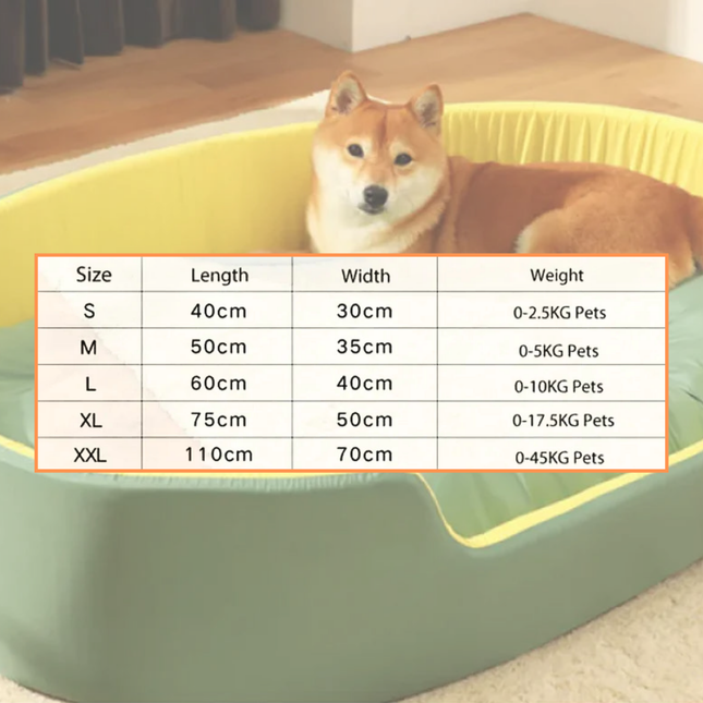 Dog lying in a green pet bed with size chart overlay