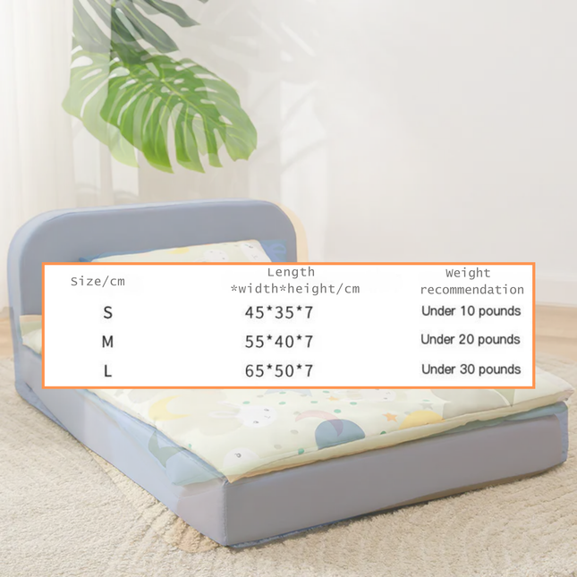 Children's mattress with size chart on a light background