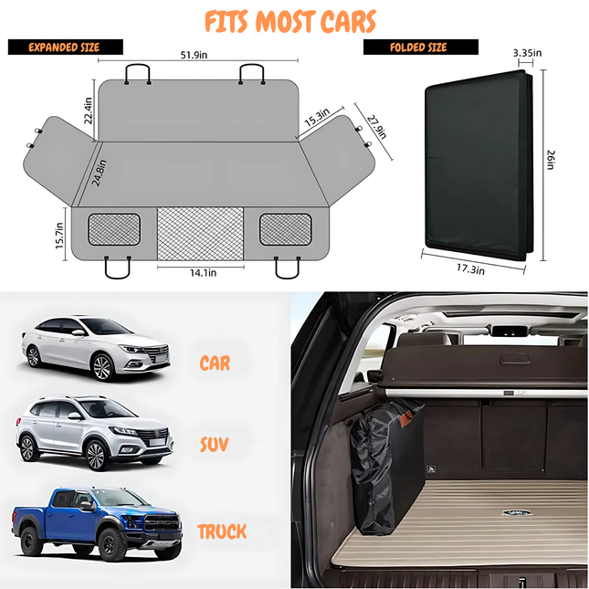 Car trunk mat with dimensions and compatibility with cars, SUVs, and trucks.