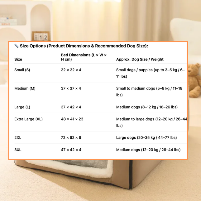 Dog bed size chart with dimensions and recommended dog sizes on a blurred background