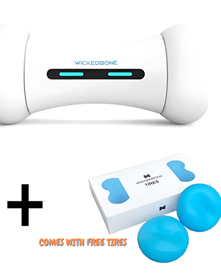 White electronic device shaped like a bone with blue accents, accompanied by a box and two blue balls on a white background.