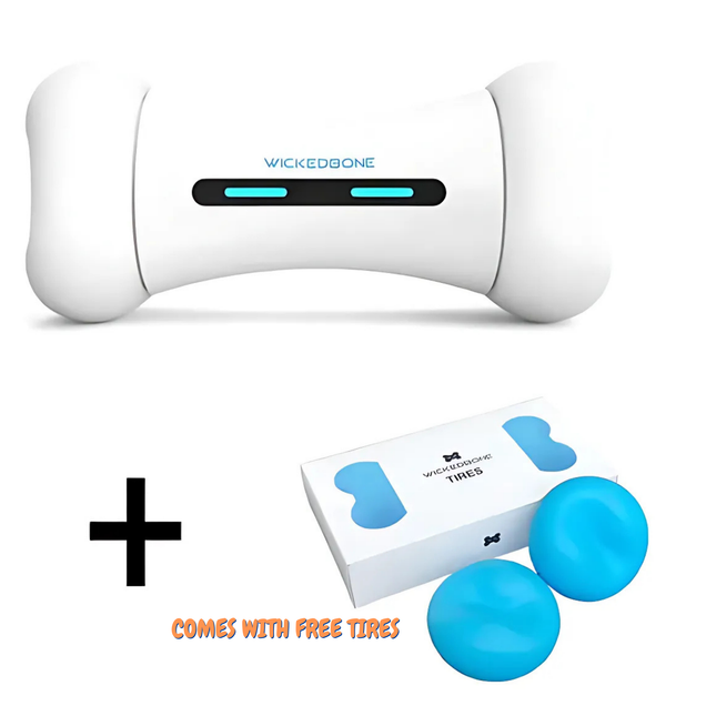 White electronic device shaped like a bone with blue accents, accompanied by a box and two blue balls on a white background.