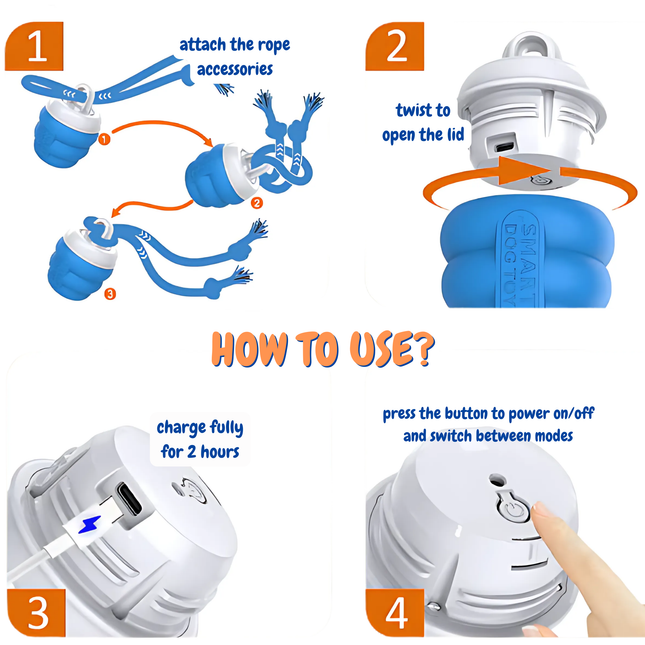 Instructions for using a blue and white electronic device with charging and operation details.