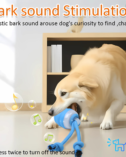 Dog playing with a blue toy that produces realistic bark sounds in a home setting.