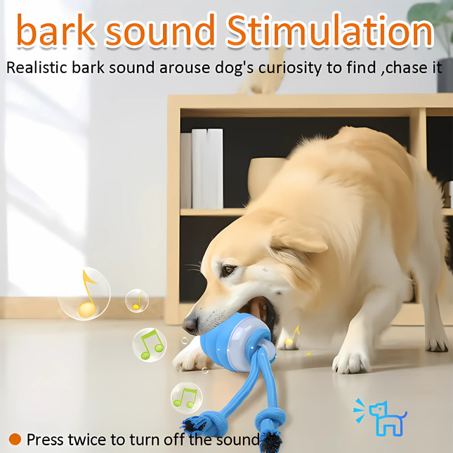 Dog playing with a blue toy that produces realistic bark sounds in a home setting.