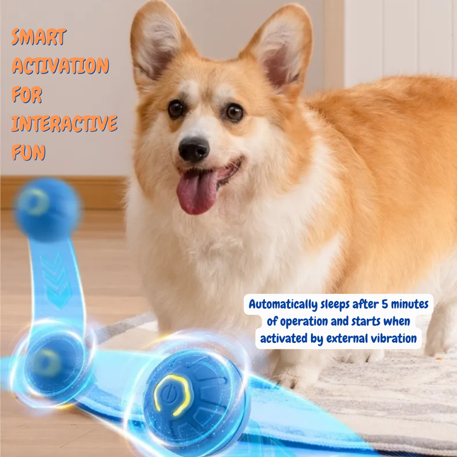 Dog playing with a blue toy with text about smart activation