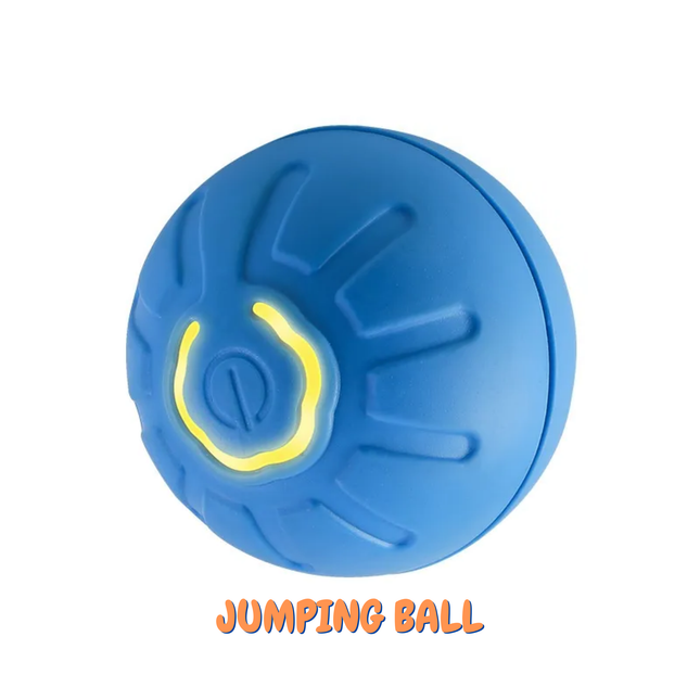 Blue 'jumping ball' with a yellow center on a white background