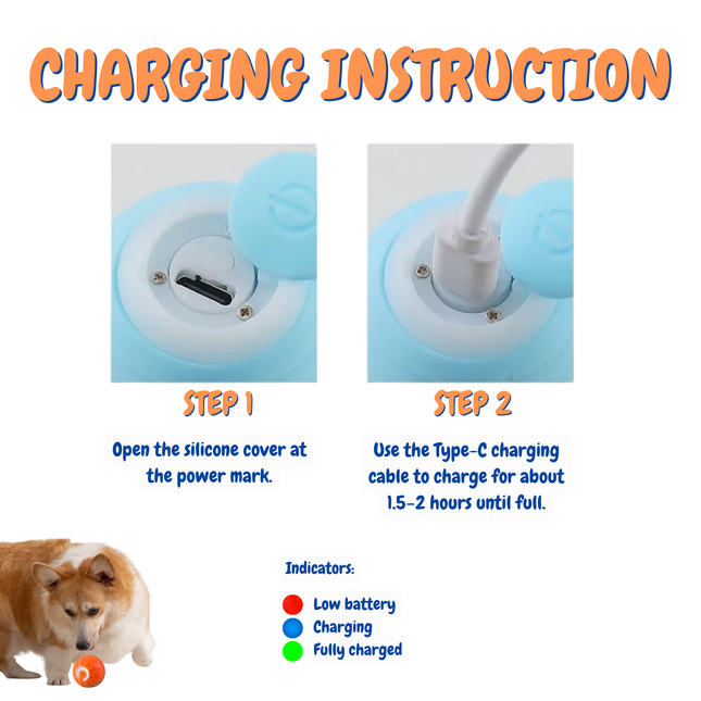 Instructions for charging a device with a dog and ball illustration.