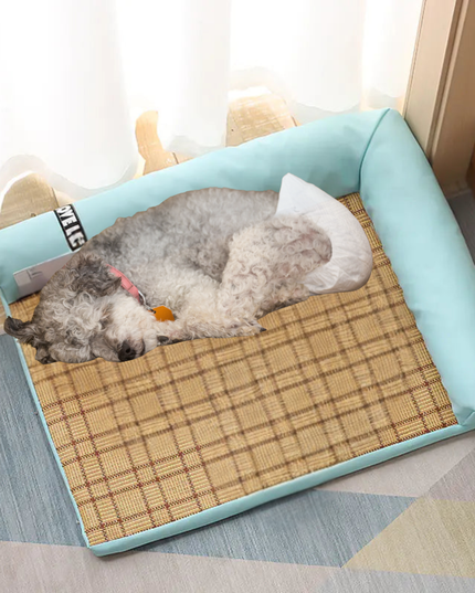 Dog lying on a cooling pad with a light blue border in a home setting.