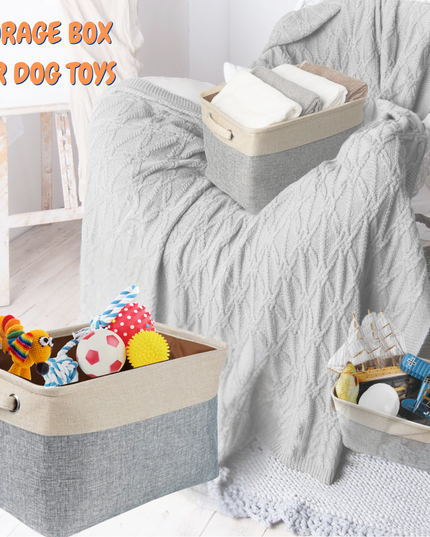 Storage box for dog toys with various toys inside, placed on a couch.