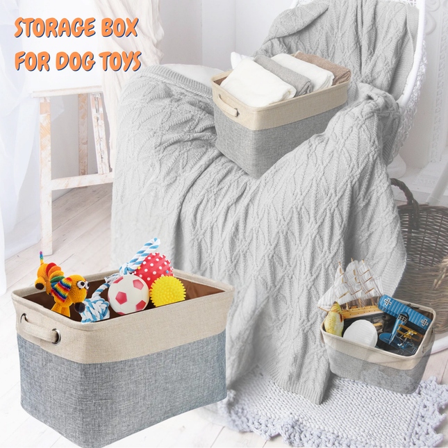 Storage box for dog toys with various toys inside, placed on a couch.