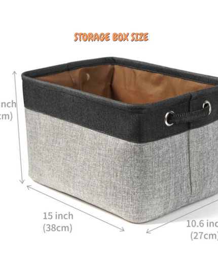 Gray storage box with black top and measurements on a white background