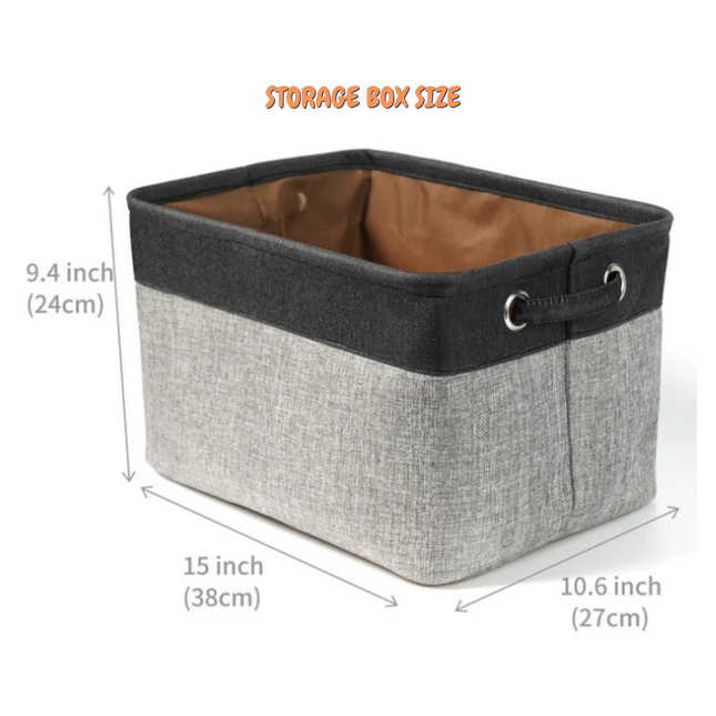 Gray storage box with black top and measurements on a white background