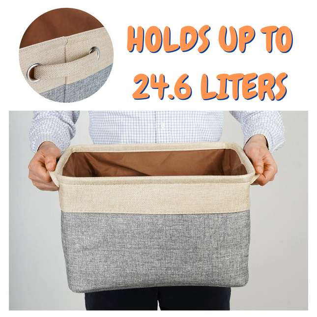 Person holding a gray and beige storage basket with text indicating capacity, on a plain background.