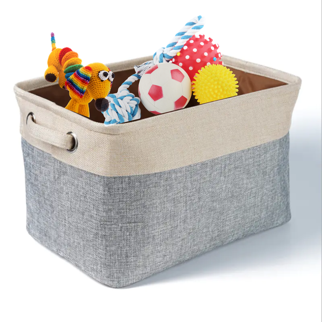Storage bin with colorful toys on a white background
