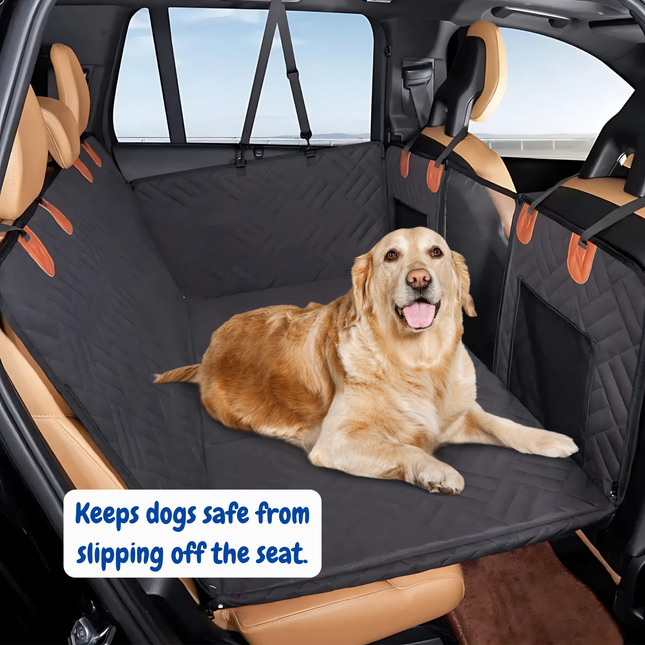 Dog sitting on a car seat cover with text 'Keeps dogs safe from slipping off the seat.'