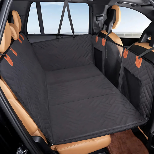 Car seat cover installed in a vehicle with beige interior