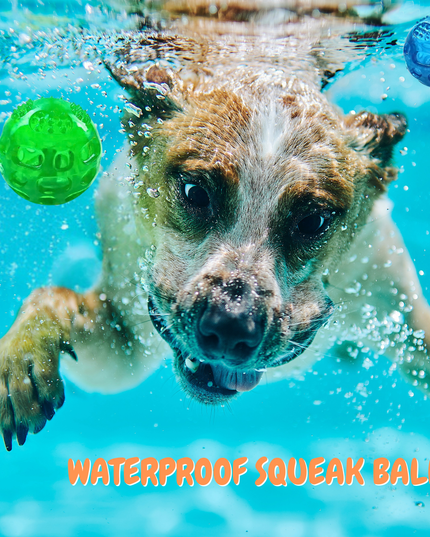 Dog swimming underwater with two balls, one green and one blue, labeled 'Waterproof Squeak Balls'.