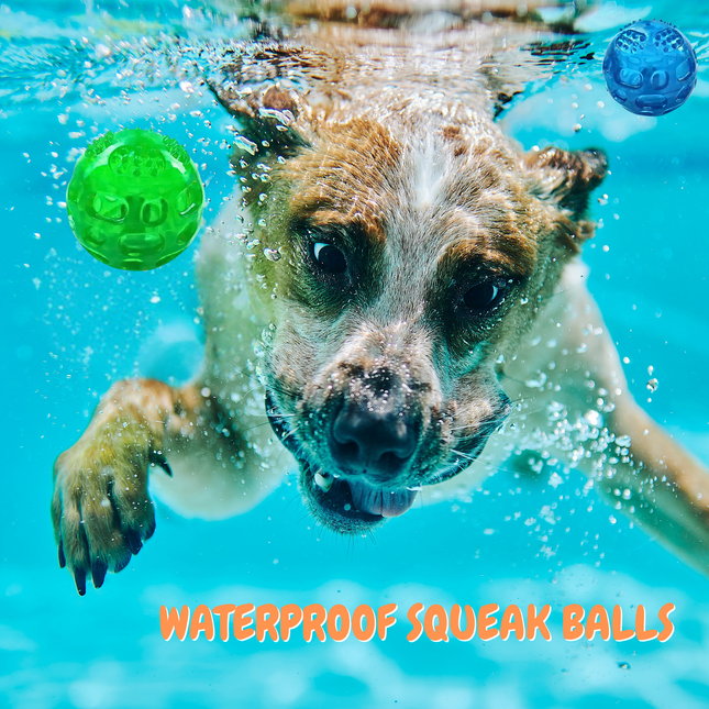 Dog swimming underwater with two balls, one green and one blue, labeled 'Waterproof Squeak Balls'.