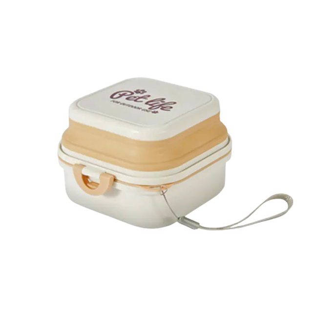 Small rectangular carrying case with wooden accents and a white lid on a white background