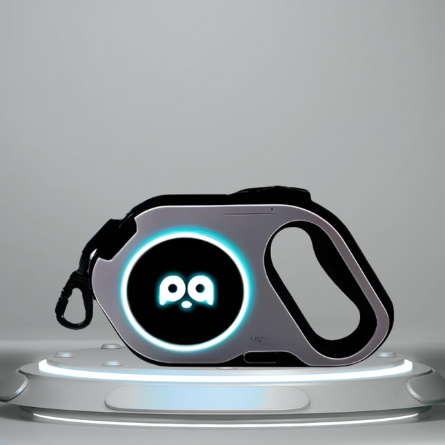 Pet leash with glowing logo on a gray background