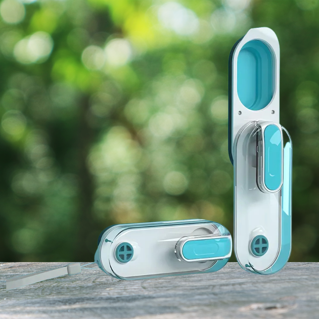 Turquoise and silver door handles on a wooden surface with a blurred green background