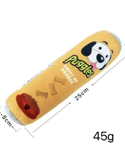 Yellow toy with a dog design and measurements on a white background