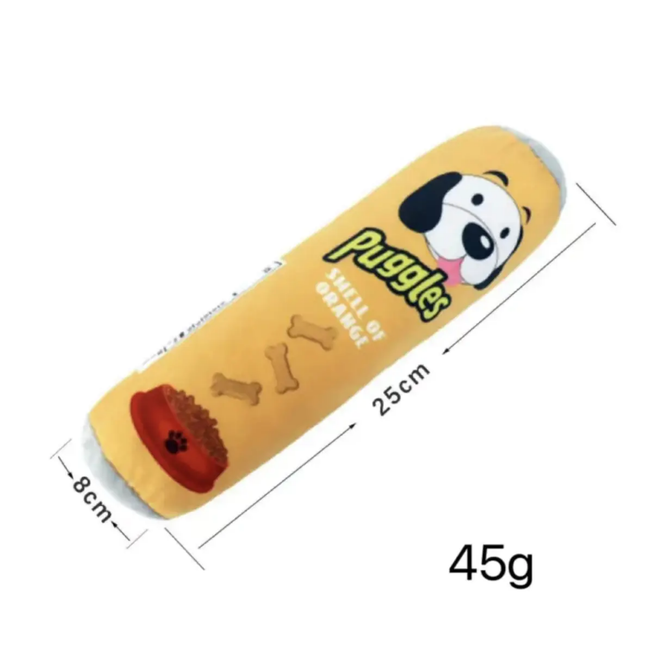 Yellow toy with a dog design and measurements on a white background