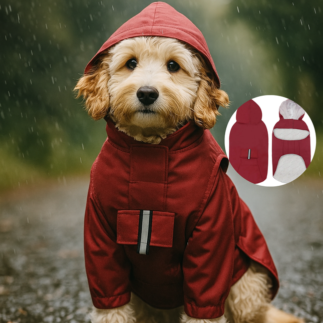 Dog wearing a red raincoat with a hood in a rainy outdoor setting