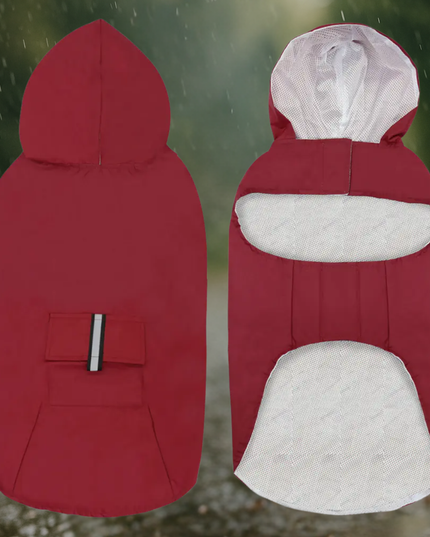 Red and gray baby carrier with hood shown from two angles against a blurred natural background.