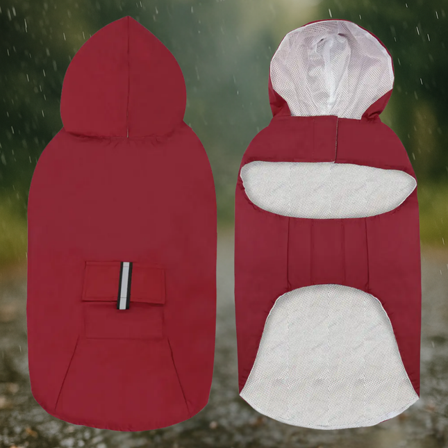 Red and gray baby carrier with hood shown from two angles against a blurred natural background.