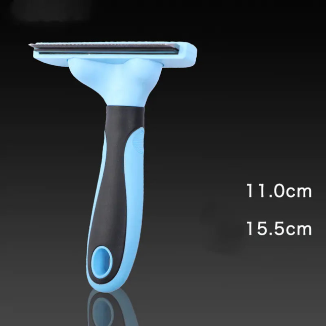 Blue and black razor with measurements on a black background