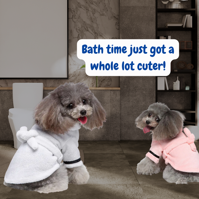 Two dogs wearing bath robes in a bathroom setting with text 'Bath time just got a whole lot cuter!'.