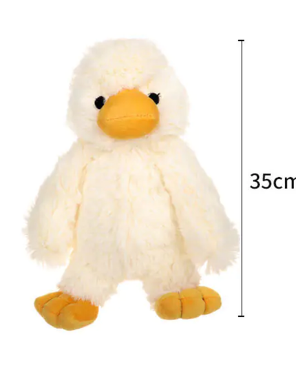 Plush duck toy with measurements on a white background