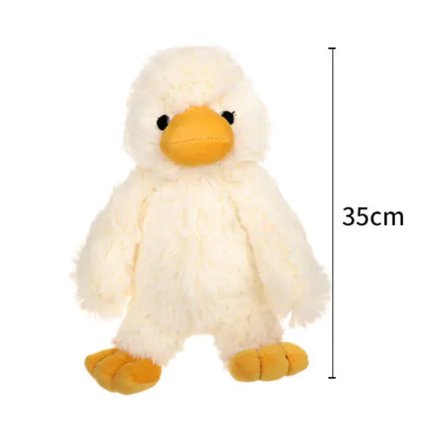 Plush duck toy with measurements on a white background