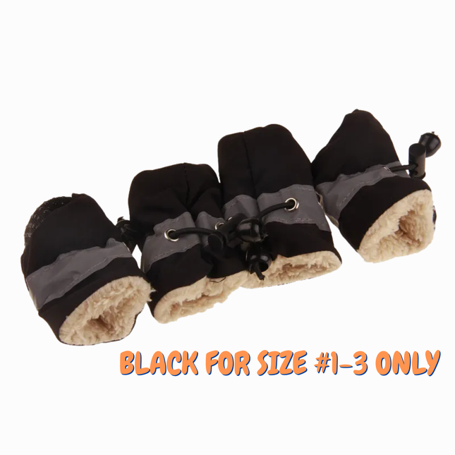 Four black and gray dog boots with brown soles on a white background.