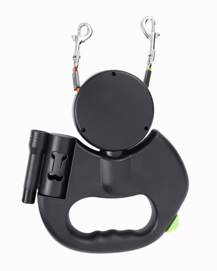 Black retractable dog leash with handle and clip on a white background