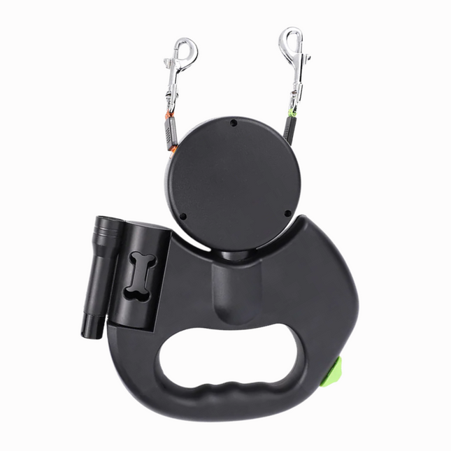 Black retractable dog leash with handle and clip on a white background