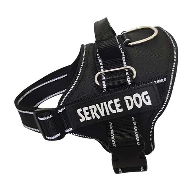 Black 'SERVICE DOG' harness on a white background
