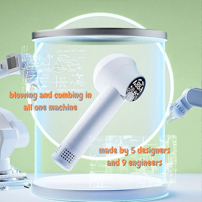 Hair dryer with text on a green background