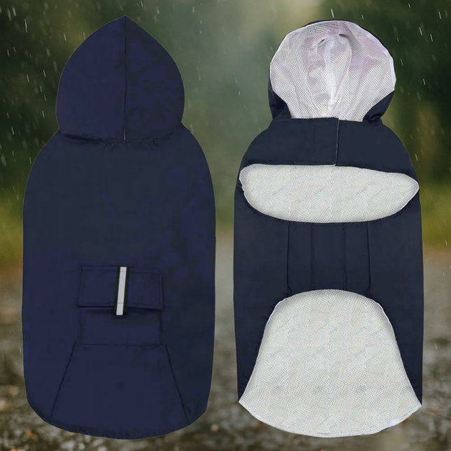 Navy blue and white baby carrier with hood shown from front and back on a blurred green background.