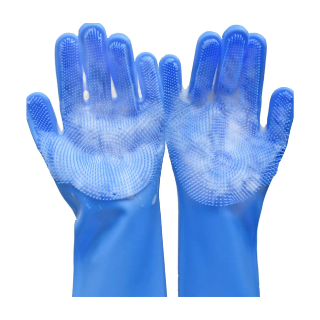 Pair of blue gloves with silicone scrubbers on a white background